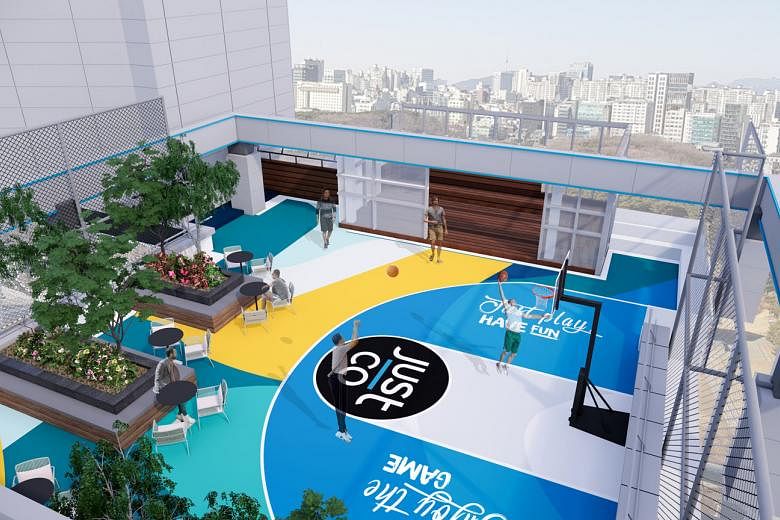 JustCo Tower will have amenities such as sleeping pod rooms, an in-house cafe and a multipurpose rooftop lounge (above). The 140,000 sq ft tower is targeted to open in November and is the company's fourth centre in South Korea in less than a year. PH