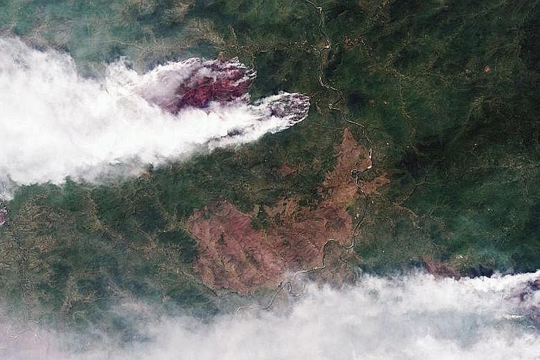 A satellite image of wildfires burning in Yakutia in Russia's eastern Siberia yesterday, in this handout photograph made available by the Russian state corporation for space activities, Roscosmos. Wildfires in Siberia have spread over three million h