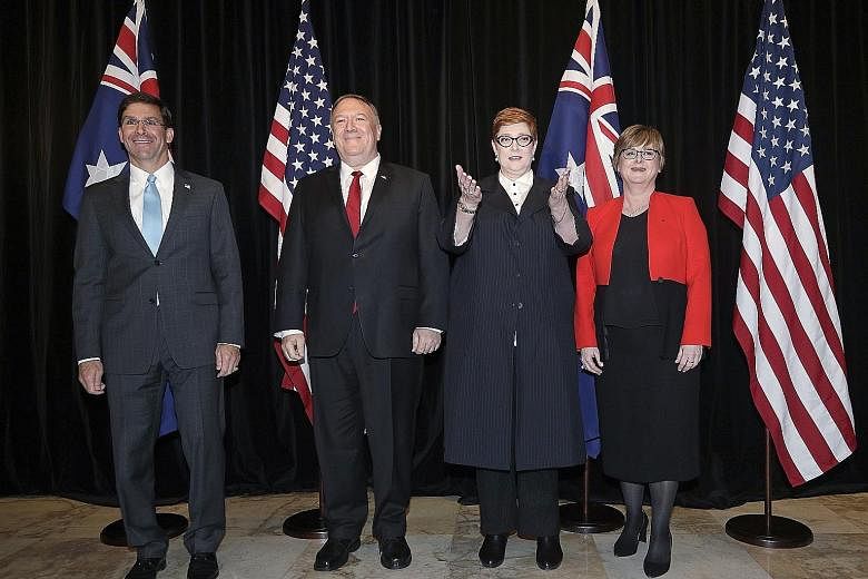 (From left) US Secretary of Defence Mark Esper and Secretary of State Mike Pompeo with Australian Foreign Minister Marise Payne and Defence Minister Linda Reynolds in Sydney yesterday.