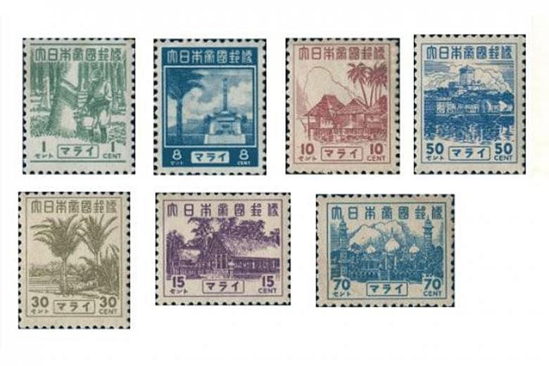 Stamps issued during the Japanese Occupation (above), and in 2013 (left), as Singapore marked its 48th year as an independent nation. PHOTOS: SINGAPORE PHILATELIC MUSEUM