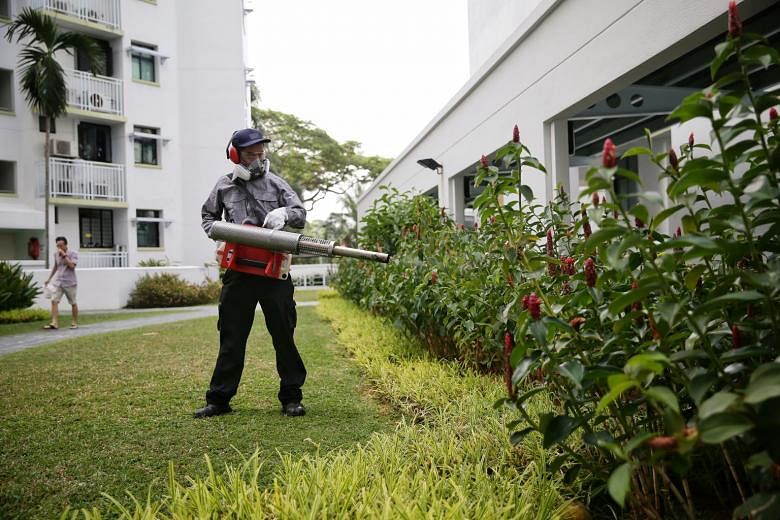An employee at Eastvale Condominium placing sand granular insecticide in a crevice. Anti-mosquito measures have been stepped up at the condo, located in a dengue cluster. A pest control officer carrying out misting on the premises of Eastvale Condomi