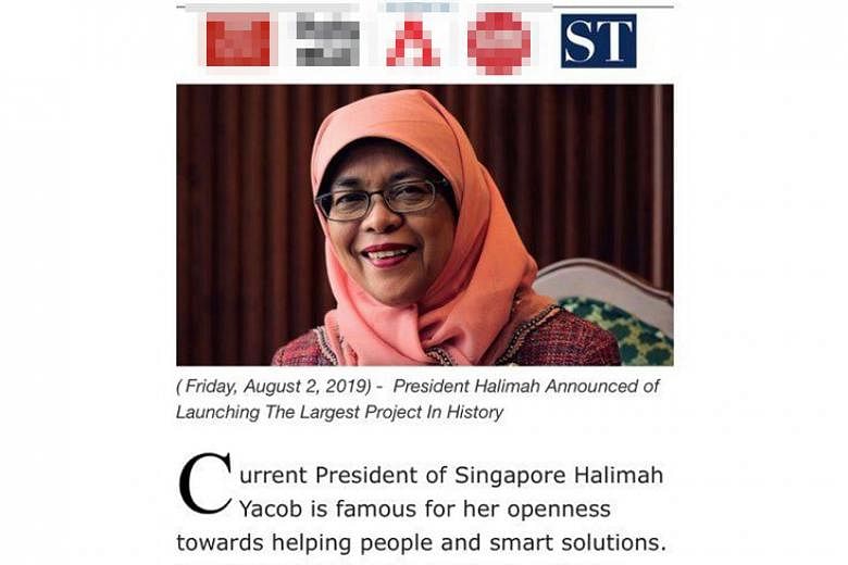 A screengrab of the fraudulent website falsely claiming that President Halimah Yacob had launched a new initiative adopting blockchain technology and a new bitcoin trading system platform. The site doctored an image of one of her Facebook posts to gi