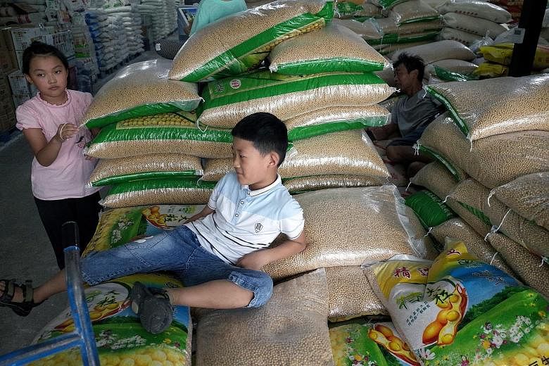 Bags of soya bean at a grain wholesale market in Beijing. Chinese firms have stopped buying US agricultural products, and American Farm Bureau Federation president Zippy Duvall called the announcement "a body blow to thousands of farmers and ranchers