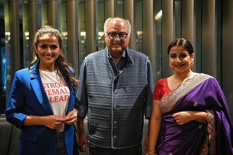 (From left) Actress Shraddha Srinath, producer Boney Kapoor and actress Vidya Balan at the world premiere of the film, Nerkonda Paarvai, at The Cathay on Tuesday. Nerkonda Paarvai also stars Ajith Kumar (above) as a lawyer who helps three women impli