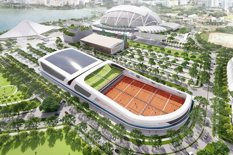 An artist impression of the various components of the Kallang Alive project, with the Singapore Tennis Centre in the foreground.
