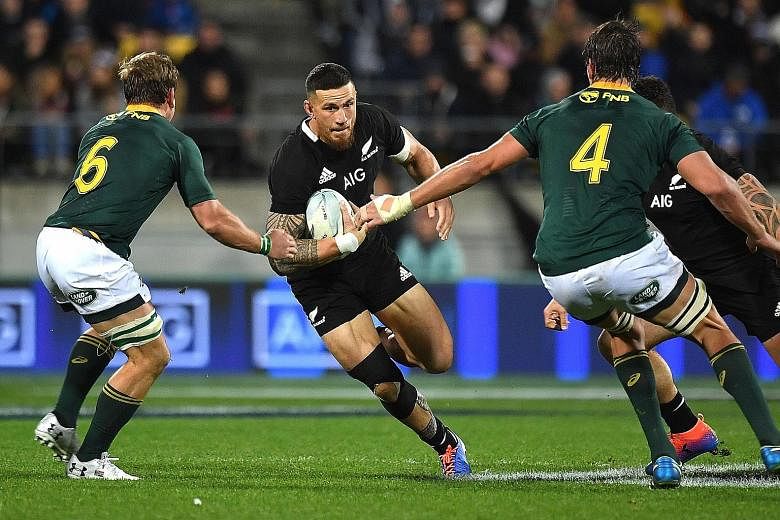 New Zealand's Sonny Bill Williams trying to breach the South African defence during their 16-16 Rugby Championship draw in Wellington on July 27. The Pool B clash between defending champions All Blacks and their arch-rivals Springboks in next month's