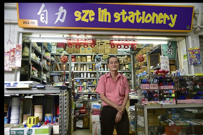 Mr Ho Khek Yue, 70, runs Sze Lih stationery shop on the second floor of Old Airport Road Food Centre. More than 40 years ago, he sold 20 to 30 pens a day. Now, he sells barely a dozen a month. Old Airport Road Food Centre, which was opened in 1973, w