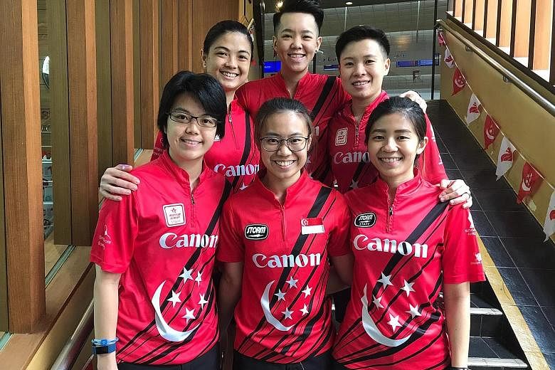 Clockwise, from top left: Daphne Tan, Shayna Ng, New Hui Fen, Bernice Lim, Charlene Lim and Cherie Tan will represent Singapore at the Women's World Bowling Championships in Las Vegas this month. PHOTO: SINGAPORE BOWLING