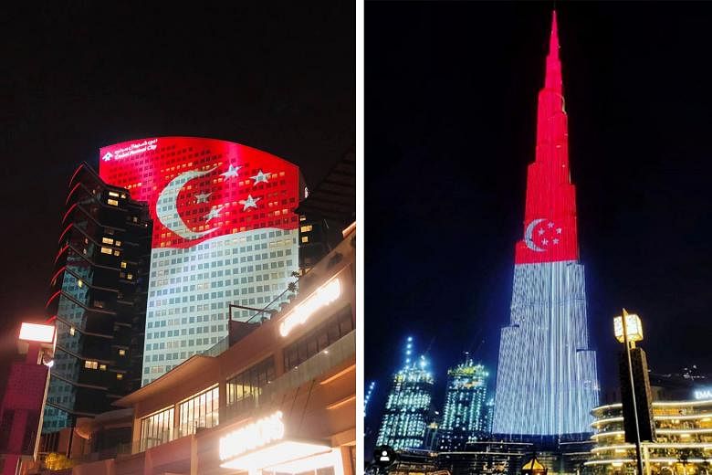 The image of the Singapore flag projected on the facades of the world-renowned Burj Khalifa and Dubai Festival City Mall(far left) last Friday to celebrate Singapore's National Day. The Roads and Transport Authority in Dubai also conveyed National Da