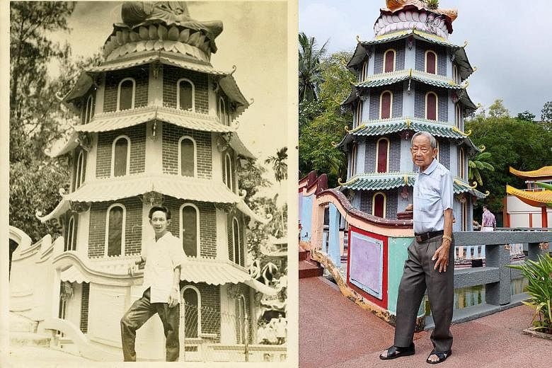 An old photo of Mr Soh Ah Bay as a young man (far left) posing in front of a pagoda at Haw Par Villa, juxtaposed against a new shot of the now 90-year-old (left) by photographer Deanna Ng.