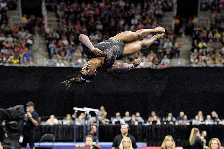 Simone Biles performing her floor routine at the US Gymnastics Championships in Missouri.