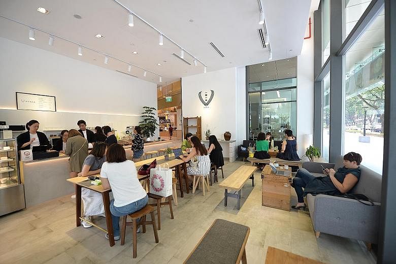 The seating layout at Hvala is flexible and communal to encourage interaction among customers.