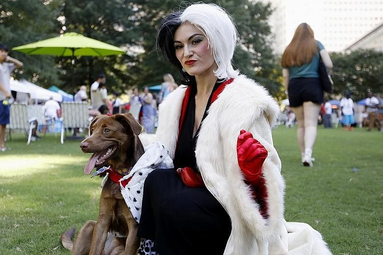 Dressed in a Cruella de Vil costume, Ms Megan Nelson attended Doggy Con with her mixed chocolate Labrador Retriever in Woodruff Park in Atlanta last Saturday.