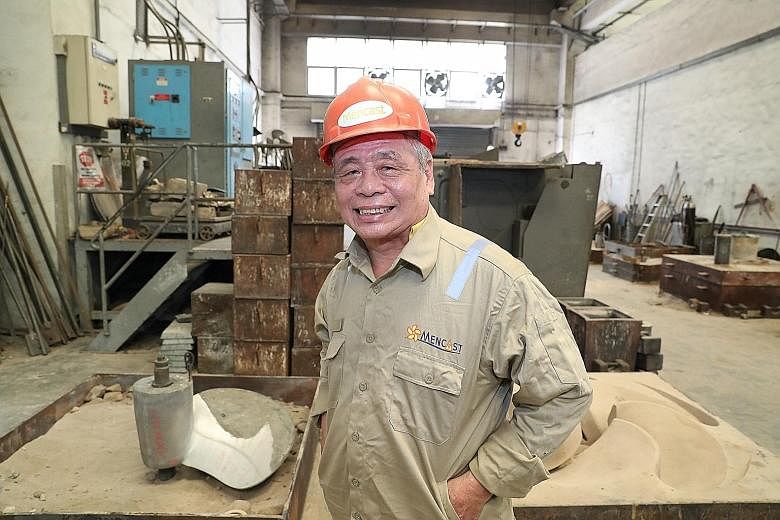Mr Chan Ban Kiong, 64, is being trained by his employer Mencast Marine to operate 3D printers to make prototypes for ship propellers, something he used to do by hand. PHOTO: MINISTRY OF COMMUNICATIONS AND INFORMATION