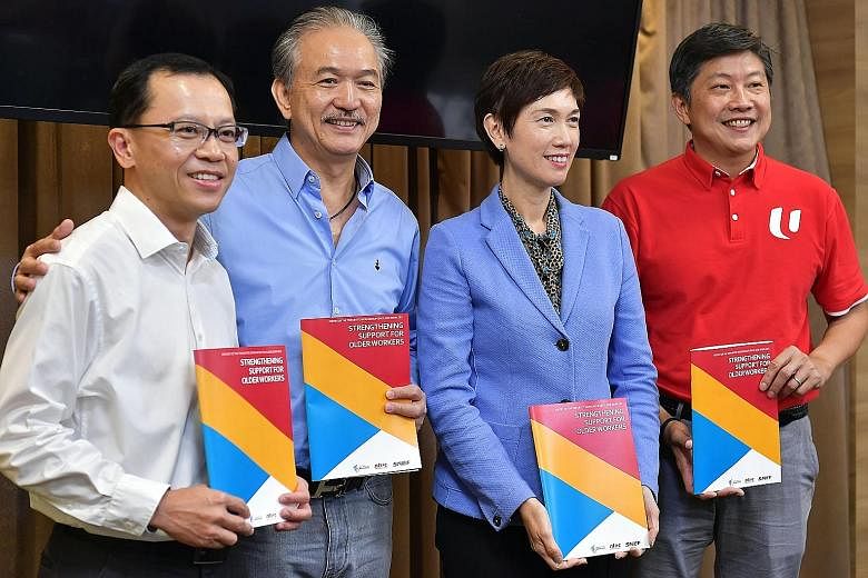 (From left) Permanent Secretary for Manpower and Tripartite Workgroup on Older Workers chairman Aubeck Kam; Singapore National Employers Federation president Robert Yap; Manpower Minister Josephine Teo; and National Trades Union Congress secretary-ge