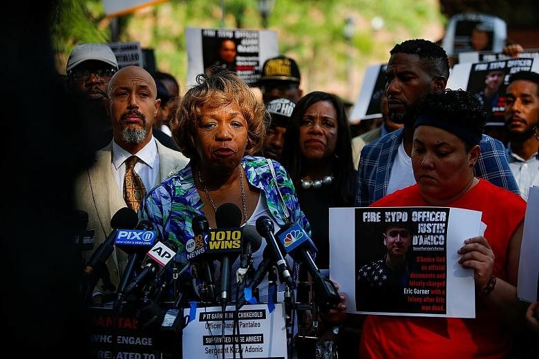 Ms Gwen Carr, mother of Mr Eric Garner, speaking at a press conference outside the New York Police Department headquarters on Monday. Mr Garner's family and civil rights activists said the decision to fire the police officer who used a deadly chokeho