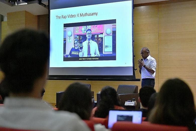 Law and Home Affairs Minister K. Shanmugam at a discussion on race organised by the National University of Singapore's Department of Communications and New Media yesterday. He noted that it was important to have frank discussions about race and for p