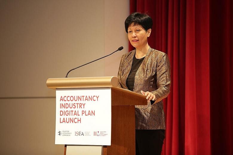 Minister in the Prime Minister's Office Indranee Rajah at the launch of the Accountancy Industry Digital Plan yesterday. The guide will help small and medium-sized practices, which account for 98 per cent of the accountancy sector, to explore opportu