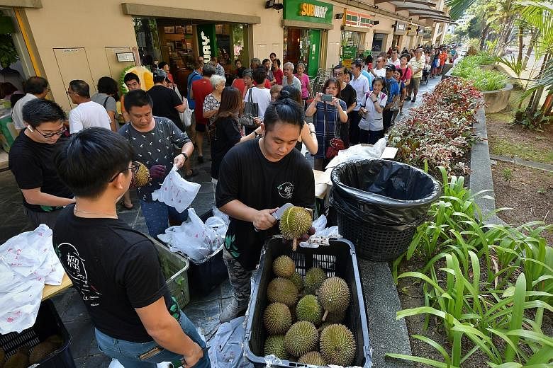 To celebrate Singapore's 54th birthday, a durian shop gave away hundreds of the spiky fruit to older Singaporeans yesterday. They were snapped up within 45 minutes. Yi Liu Ji Durian in Choa Chu Kang gave one XO durian to each senior who presented his