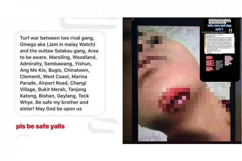 Screen grabs showing fake news circulating on social media about a turf war between rival gangs in various parts of Singapore. They include a photo of a supposed gang fight victim with a gaping wound on his chin, and a post about the death of a boy f