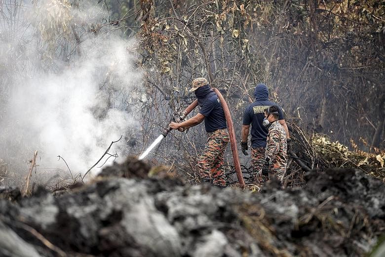 Members of the Fire and Rescue Department of Malaysia working to clear a forest fire in Jalan Tanjung Kupang, Kampung Pekajang, near Gelang Patah yesterday. At least 140 officers from the fire department, as well as those from the irrigation and the 