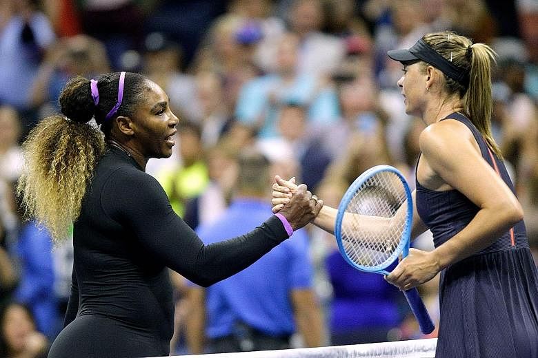 Serena Williams notched her 19th straight win over Maria Sharapova after a 6-1, 6-1 first-round victory on Monday at the US Open. 
