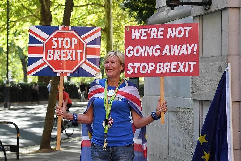 An anti-Brexit protester demonstrating in Westminster, London, yesterday. Although there is a parliamentary majority against a no-deal Brexit, the problem for those trying to corral the opposition groups is that they all want different things.