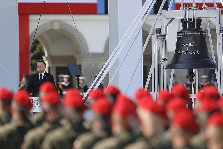 Polish President Andrzej Duda speaking at a ceremony marking the 80th anniversary of the start of World War II in Warsaw yesterday. PHOTO: ASSOCIATED PRESS