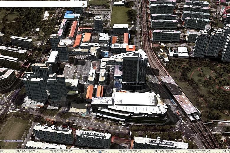 A 3D view of the area around Ang Mo Kio Hub (left) on the upgraded OneMap service and a 3D first-person view of the same area (right) that includes walkways and void decks. Instead of relying on real-life street photos, the 3D version of OneMap will 