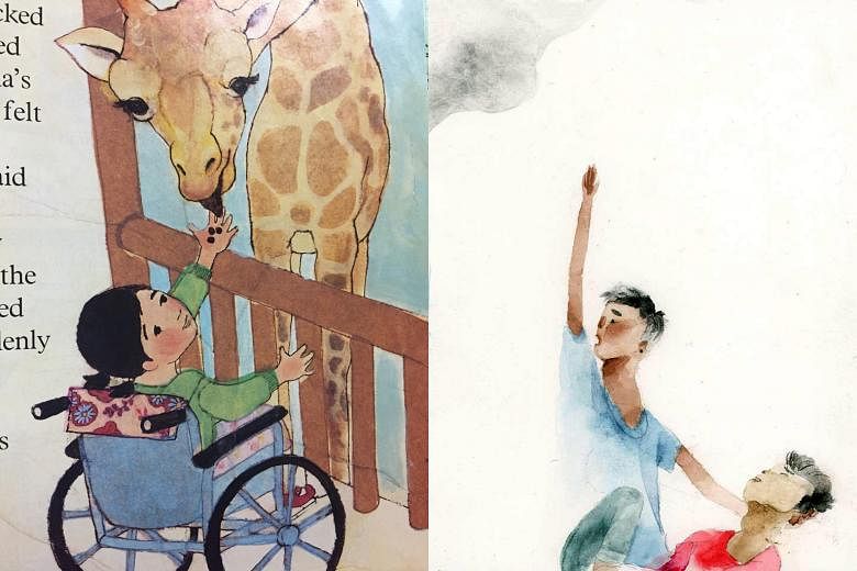 Feeding Time (far left), a short story about a child who uses a wheelchair, is by Suzanne Kamata and illustrated by Felicia Hoshino. Si Kian (left), by Weng Cahiles and illustrated by Aldy Aguirre, is about a 17-year-old student who was killed by thr