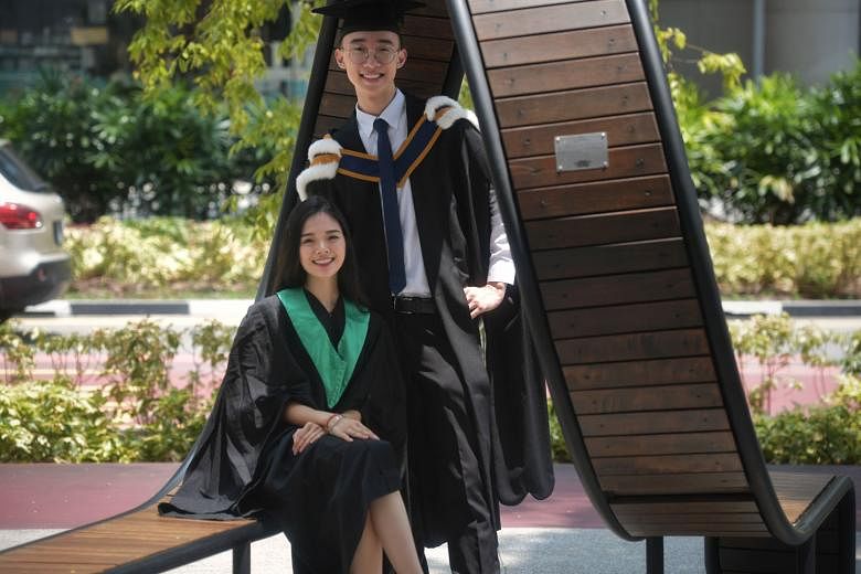Ms Nicole Choo Jen Quinn and Mr David Zechariah Kwek, 24, who graduated with a bachelor's in music, are among 914 Nanyang Academy of Fine Arts students getting their diploma and degree certificates this year.