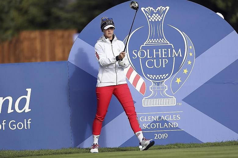 American Jessica Korda lining up her drive on the 14th hole during a practice round for the Solheim Cup on Wednesday. The US are hoping for a third successive victory in the biennial tournament.