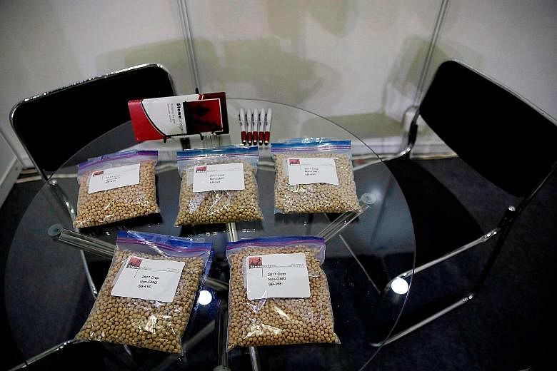 Packets of American soya beans at a soya bean exhibition in Shanghai last year. China is considering whether to allow renewed imports of soya beans, pork and other American agricultural products. PHOTO: ASSOCIATED PRESS