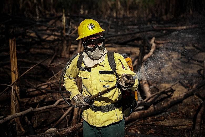 A fireman in an operation to bring a blaze under control in the Tenharim indigenous reserve of Brazil this week. While forests in South-east Asia are cleared mainly to produce palm oil and pulp and paper, land in the Americas - such as in Amazonas st