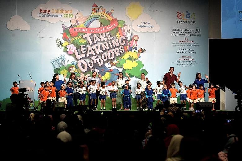 Children and teachers from three pre-schools - My First Skool at Jurong West, Iyad Perdaus and Sarada Kindergarten - performing a skit on the first day of the Early Childhood Conference at the Suntec Singapore Convention and Exhibition Centre yesterd