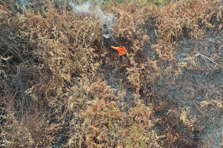 Indonesian firefighters extinguishing a fire in Kampar, Riau province, in Sumatra yesterday. Indonesia, home to the world's third-biggest tropical rainforest, is struggling to curb fires engulfing Sumatra and Kalimantan as it faces a longer-than-usua