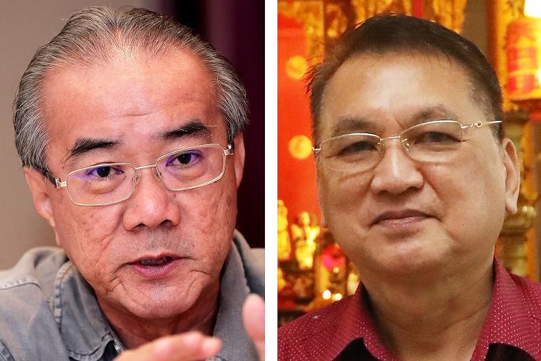 Hwee Kuan president Phua Kiah Mai (left) says he is willing to sit down and talk things out with THK chairman Foo Jong Peng. Above: The Beach Road building, long seen as a home for the Hainanese community in Singapore, now bears a sign that reads Khe