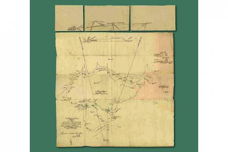 Among the highlights of the On Paper: Singapore Before 1867 exhibition are the 1824 Anglo-Dutch Treaty, bound in red and gold, and an 1822 hand-drawn map (above) by Captain James Franklin, which shows the earliest record of Singapore’s shape and size. 