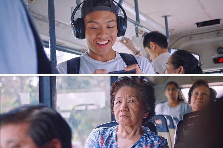 Screenshots from the CPF Board's ad, titled Tsk, which aims to encourage viewers to plan for retirement. It shows elderly commuters tut-tutting at a young man. The board said it will "strive to improve how we convey our messages in future".