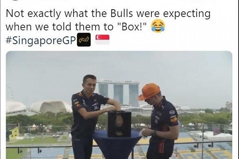 HOT SHOT Singapore's Olympic champion swimmer Joseph Schooling never "tyres" of competing, as he partnered The Sam Willows' Sandra Riley Tang and Red Bull driver Max Verstappen to win this challenge. CAUGHT ON CAMERA Red Bull's Alexander Albon nearly