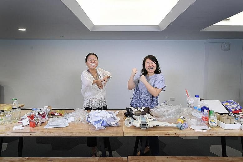 Mrs Sharon Loh started recycling only two years ago. She was praised for her efforts in correctly sorting most of her trash (left), and especially for making the effort to wash and clean plastic bottles before separating them for recycling. Madam Sky