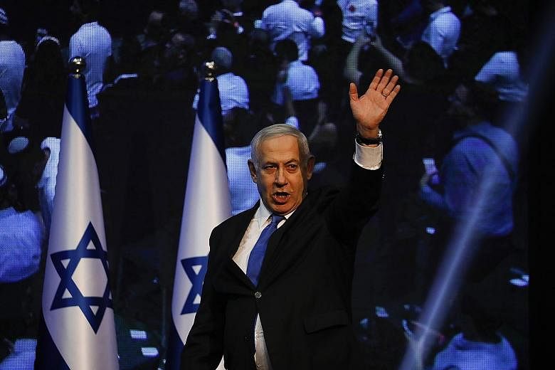 Israeli Prime Minister Benjamin Netanyahu addressing supporters at his party headquarters last week in Tel Aviv, after the elections. Chances that he will remain in office are dim, putting him under pressure since he could be put on trial in three ca