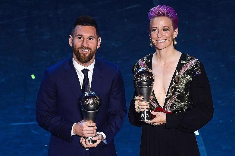 Lionel Messi and Megan Rapinoe posing with their awards in Milan on Monday night. It was Messi's sixth award and Rapinoe's first. Far right: Liverpool's Jurgen Klopp and USA head coach Jill Ellis won the men's Coach of the Year award and the women's 