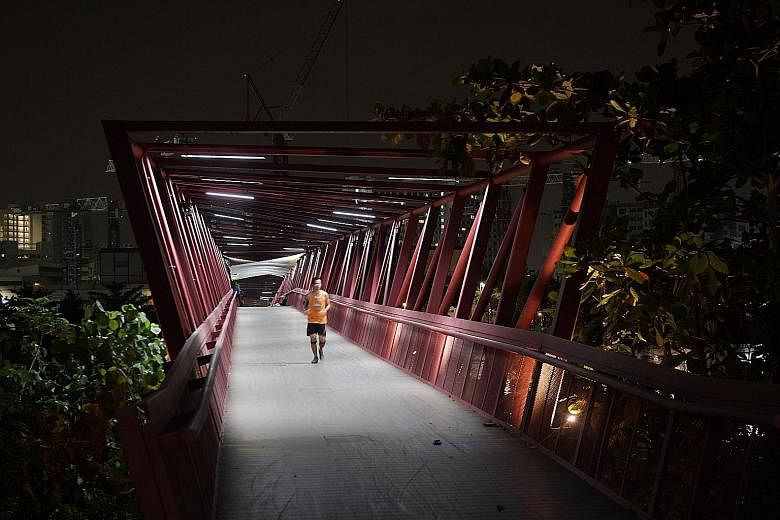 The Lorong Halus bridge is a popular and photogenic spot at night. Singapore's first elevated park connector bridge stretches across the AYE. The iconic view of Marina Bay Sands awaits near the end of the long walk.