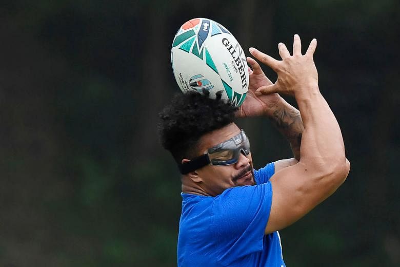 New Zealand flanker Ardie Savea training during a captain's run on the eve of their Pool B match against Canada yesterday. He will sport goggles to protect his sight. PHOTO: AGENCE FRANCE-PRESSE