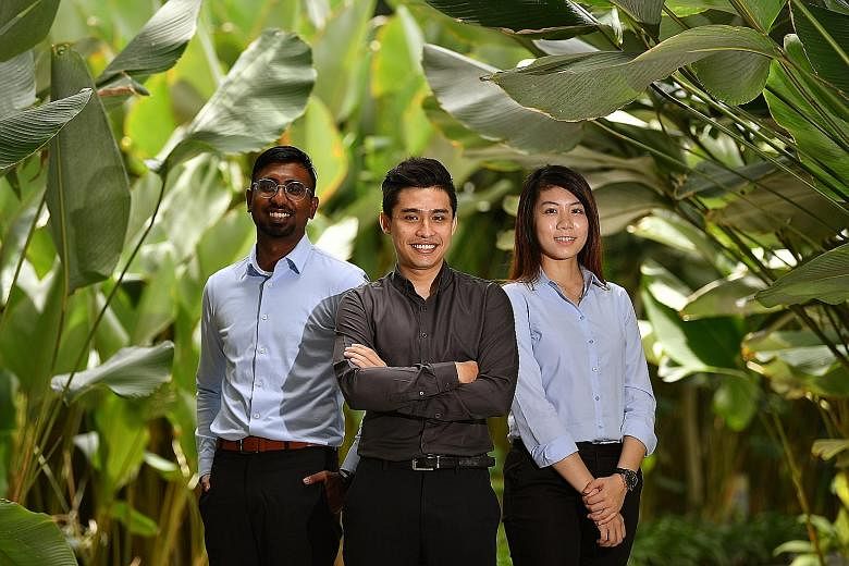 Singapore Institute of Technology engineering students Surian Raj, 26, Muhammad Firdaus Fawzi Laza, 27, and Clarabelle Chui, 23, are among those who will benefit from the new Energy Efficiency Technology Centre. ST PHOTO: LIM YAOHUI