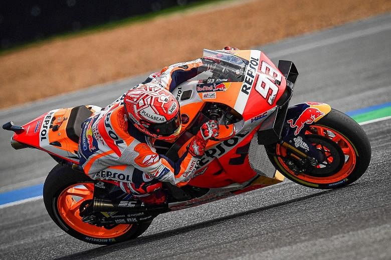Marc Marquez on the way to retaining his Thai MotoGP title in Buriram yesterday and sealing a sixth championship in the highest class. 