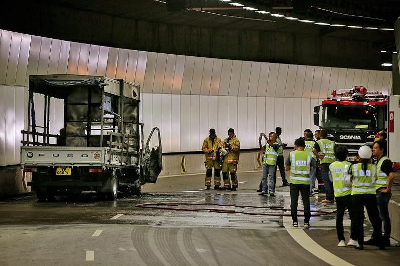 A fire broke out in the Kallang-Paya Lebar Expressway (KPE) tunnel towards Tampines Expressway at the Upper Paya Lebar Road exit yesterday. The Land Transport Authority (LTA) said on Twitter at about 1.30pm that the exit was closed because of the fir