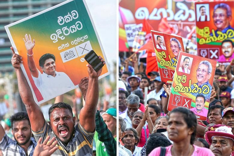 Supporters of Sri Lankan presidential contender Sajith Premadasa of the New Democratic Front at an election rally in Colombo (left) last week, while supporters of rival candidate Gotabhaya Rajapaksa of Sri Lanka Podujana Peramuna gathered in Anuradha