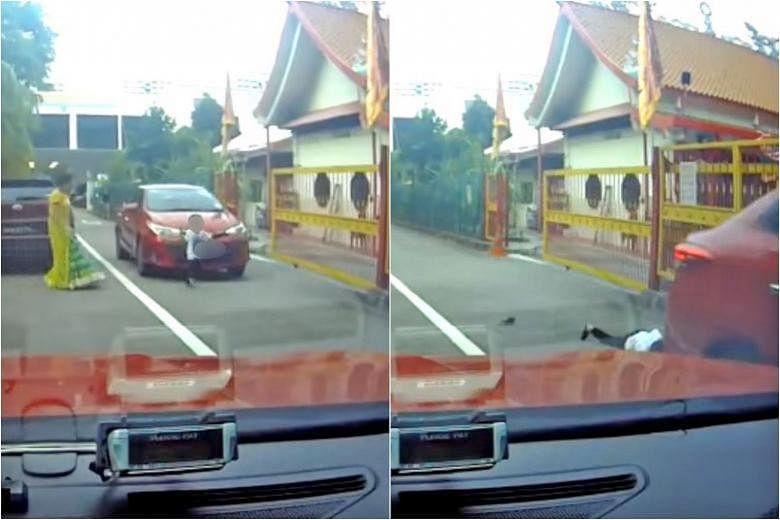 Children and road safety are a key concern. From left: A screengrab shows a boy sprinting in front of a car across Geylang Lorong 9 last Monday; in this screengrab, a boy is seen in front of an oncoming car last Saturday, and he is later shown lying 